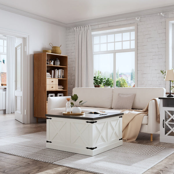 English Elm Farmhouse Square Coffee Table with Dual Lift Tops & Large Hidden Storage, Rustic White Farmhouse Charm T3609P332412
