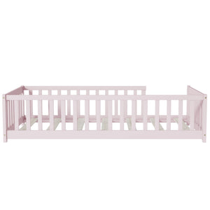English Elm Twin Solid Rubberwood Floor Bed with Full Perimeter Safety Rails for Toddler Rooms Pink W504P296798