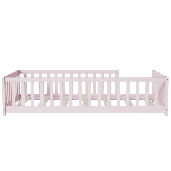 English Elm Twin Solid Rubberwood Floor Bed with Full Perimeter Safety Rails for Toddler Rooms Pink W504P296798