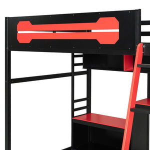 English Elm Full Size Gaming Loft Bed with Built-in Desk Led Lighting Usb Ports and Pegboard Black+Red LT000270AAR
