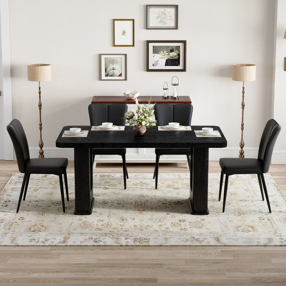 English Elm Table Set: Modern Black Wood Textured Dining Table With 4 Stylish Pu Chairs For Contemporary Dining W1151S04314-GIGA