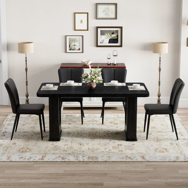 English Elm Table Set: Modern Black Wood Textured Dining Table With 4 Stylish Pu Chairs For Contemporary Dining W1151S04314-GIGA
