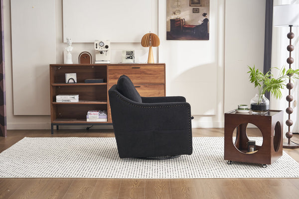 English Elm 011-Teddy Plush Swivel Accent Chair with High Back, Rivet Trim, 360° Rotation, Storage & Pockets Black W527P190836