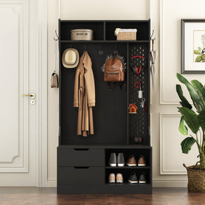 English Elm Hall Tree with Bench Six Hooks Open Shelves Matte Black Mdf Entryway Organizer W1321P444289