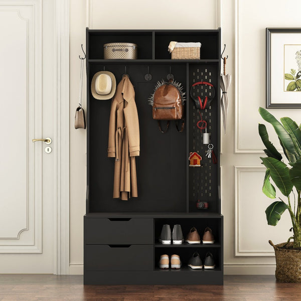 English Elm Hall Tree with Bench Six Hooks Open Shelves Matte Black Mdf Entryway Organizer W1321P444289