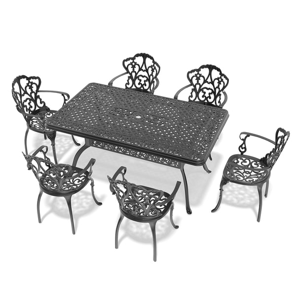 English Elm 7-Piece Cast Aluminum Patio Furniture Set With Off-White Cushions For Stylish Outdoor Dining Comfort W1710S00150