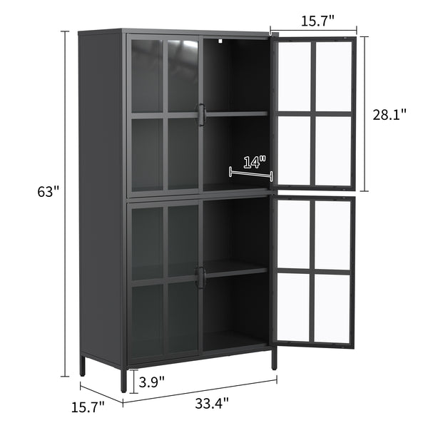 English Elm Premium Black Metal Storage Cabinet with Tempered Glass, Adjustable Shelves, Anti-Tip Safety & Silent Close T2398P263577