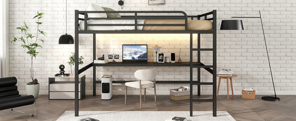 English Elm Metal Queen Loft Bed With Integrated Desk, Power Outlet & Led Lights - Space-Saving Black Design W1580S00107