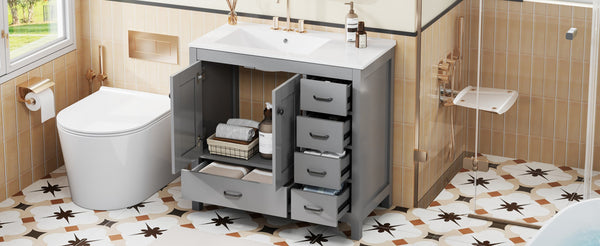 English Elm 36" Gray Bathroom Vanity with Ceramic Sink, 5 Drawers & Soft-Close Doors, Solid Wood Modern Storage N729P183735E
