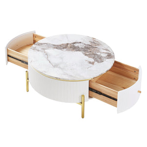 English Elm Modern Round Coffee Table with Dual Drawers for Storage, White MDF Top & Gold Metal Base, 31.5" N735P338995K
