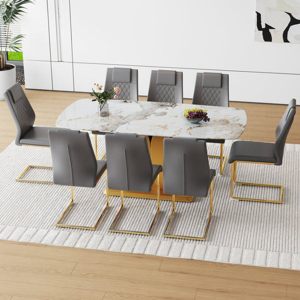 English Elm Table Set: Luxurious 9-Piece Dining Set With Pandora Glass Top, Golden Legs & 8 Gray Pu Chairs For Style W1151S03230-GIGA