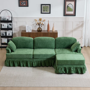 English Elm 103.15'' Chenille L-shaped Sectional Sofa with Detachable Pleated Skirt and Ottoman Green W3612S00046
