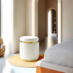 English Elm Contemporary Plush Pleated Round Ottoman Stool with Gold Trim Base, Velvet-Like Accent Seat for Living Room White 16 L x 16 W x 19 H B2741P388359