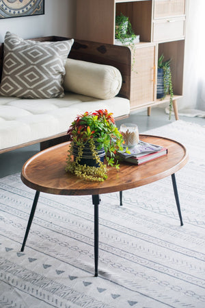English Elm 39x26x16" Oval Coffee Table - Acacia Wood Top & Iron Base, Natural Finish, Sleek Mid-Century Modern Accent for Living Room (Durable) W2078P180410