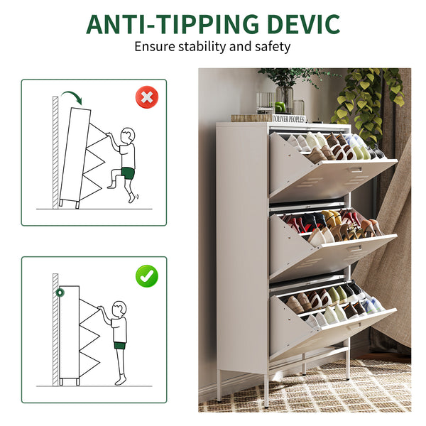 English Elm Shoe 3-Flip Drawer Storage Cabinet with Metal Frame — Freestanding Organizer for Entryway, White T2398P290422