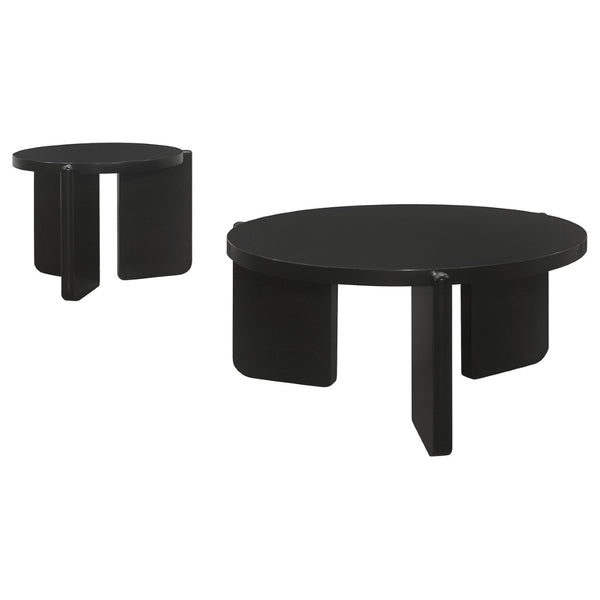 English Elm Lansing Round Rubberwood Coffee and Side Table Set with Sculptural Matte Black Legs B062S01467