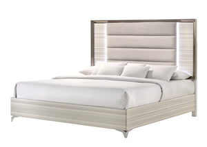 English Elm STAR White Solid Wood Bed with Upholstered Headboard, Built-In LED Lighting, Modern Design King B201S00086