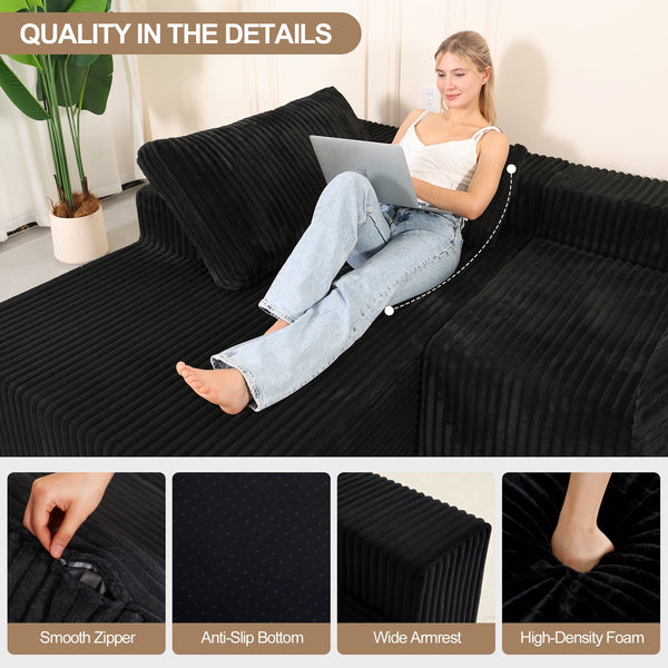 English Elm Modular Cloud-Style Sectional Sofa with Chaise — Deep-Seat Plush Upholstered L-Shape for Living Rooms Black W3706S00003