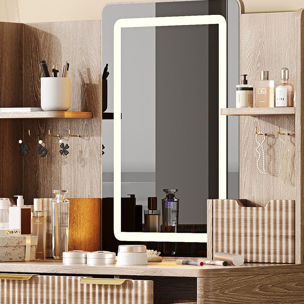 English Elm 7-Drawer LED Vanity Desk with Jewelry Organizer, Fluted Carved Design, PU Stool & Metal Legs W2700P369516