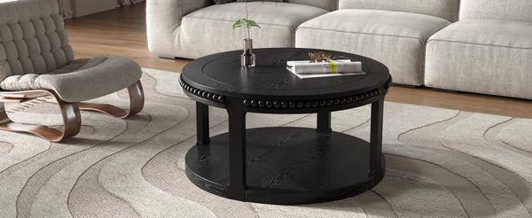 English Elm 31.5 Inch Round Solid Wood Coffee Table Two-Tier Thick Top Sturdy Legs 100lb Capacity, Elegant Finish Black W1445P341376