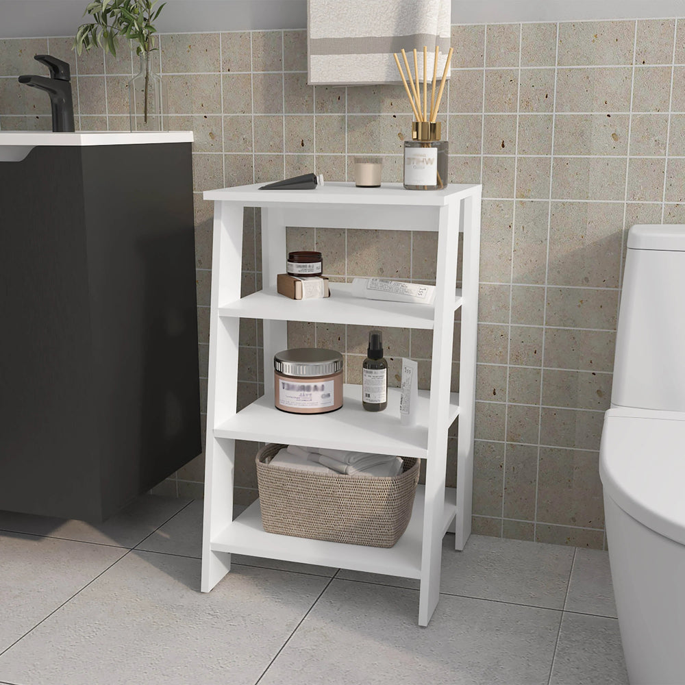 English Elm White Freestanding Bathroom Shelf with 4 Open Shelves, Minimalist White Organizer for Compact Spaces and Easy Assembly (29.8" H x 17.3" W x 17.1" D) B062P252188