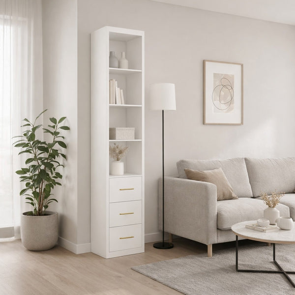 English Elm 15.75x85.04inch White Slim Tower Cabinet Four Shelves Three Drawers Bedroom Bath W5290P457931