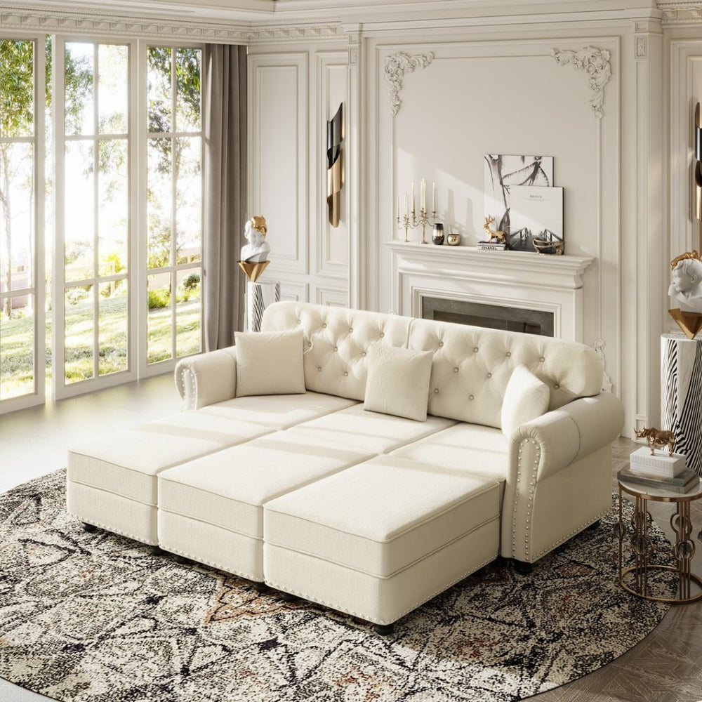 English Elm 82.6"upholstered Velvet Chesterfield Sofa Mid-century Tufted Nailhead Three Seat Living Room Beige+White W1885S00385