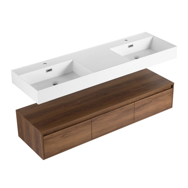 English Elm 60 Inch Wall-Mounted Bathroom Vanity With Dual Resin Sinks, Soft-Close Drawers & Modern Elegance W999S00259