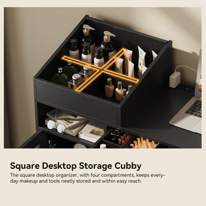 English Elm Modern Makeup Vanity Desk with Reeded Glass Door, 4-Compartment Cubby, Charging Port & Stool Comfortable Craftsmanship for Compact Spaces Black N844P285187B