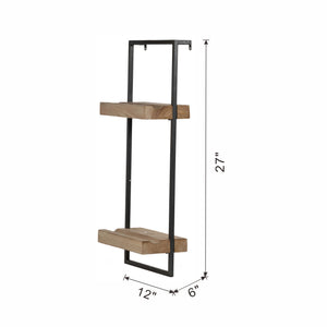 English Elm 12x6x27" Two-Tier Iron and Wood Wall Shelf with Plate Grooves — Industrial Rustic Display for Plants Photos W2078P205293