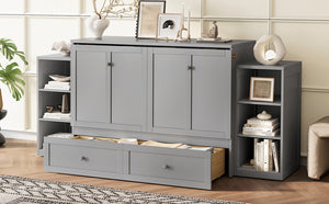 English Elm Full Size Murphy Bed With Stylish Light Gray Finish, Spacious Storage Drawers & Shelves For Versatile Spaces W1580S00252