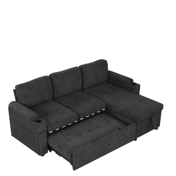 English Elm 83.5" L-shaped Sofa Couch Convertible Sectional with Reversible Chaise, Hidden Storage, USB Ports Black N719S001790B