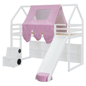 English Elm Twin House Loft Bed with Tent Canopy Slide and Shelves Pinewood Kids Frame White LT000682AAK-1