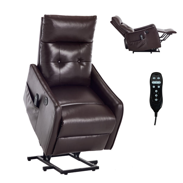 English Elm Brown Pu Leather Power Lift Recliner with Massage Heat and Usb for Senior Comfort W1803P364103