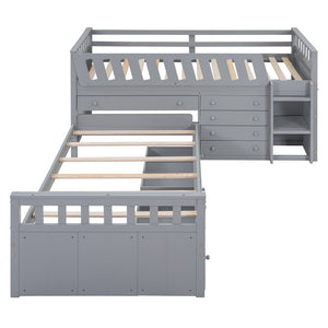 English Elm L-shaped Twin Loft Platform Bed with 7 Drawers Full Guardrails Kids White Pine LT000853AAE