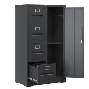 English Elm Metal Storage Vertical Filing Cabinet with 4 Drawers and Side Wardrobe, Steel Ball-Bearing Suspension, Secure Locking Organizer for Home Office and Bedroom Black T2398P272100