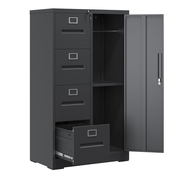 English Elm Metal Storage Vertical Filing Cabinet with 4 Drawers and Side Wardrobe, Steel Ball-Bearing Suspension, Secure Locking Organizer for Home Office and Bedroom Black T2398P272100