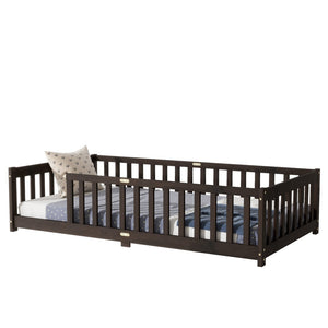 English Elm Twin Low Profile Rubberwood Floor Bed with Full Safety Fence for Toddler Rooms Espresso W504P429337