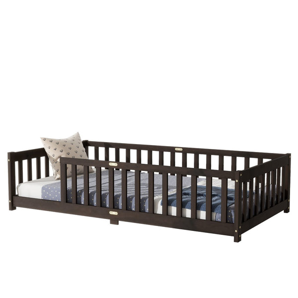 English Elm Twin Low Profile Rubberwood Floor Bed with Full Safety Fence for Toddler Rooms Espresso W504P429337