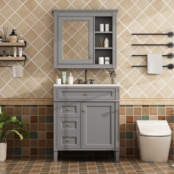 English Elm 30'' Modern Bathroom Vanity with Integrated Mirror Cabinet, Ceramic Sink, 3 Drawers & Ample Storage Grey SW000126AAE-1