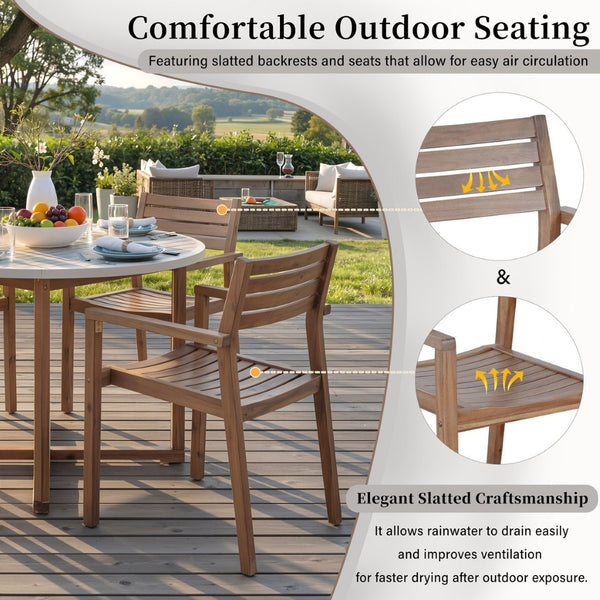 English Elm U_style Solid Acacia Wood Round Outdoor Dining Set Seats Four with Slatted Design Light Gray,Natural & Light Brown WY000475AAD