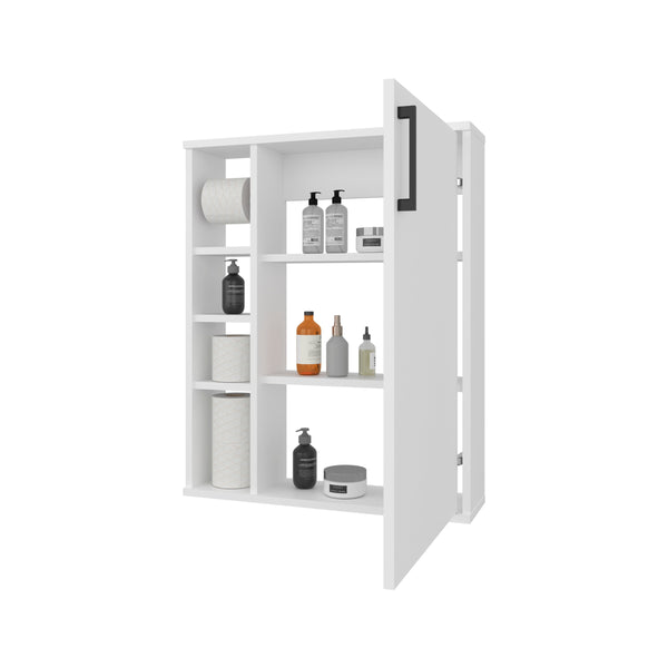 English Elm White Compact Bathroom Cabinet with Door and 4 Open Shelves, Sleek White Finish for Stylish Organized Storage B062P380057
