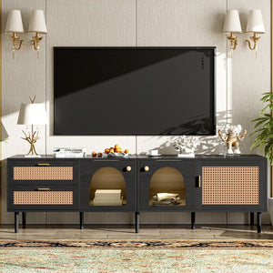 English Elm Rattan Black TV Stand with 3 Cabinets & 2 Rattan Drawers, LED Media Console, Cable Management, 80" N710P206015B