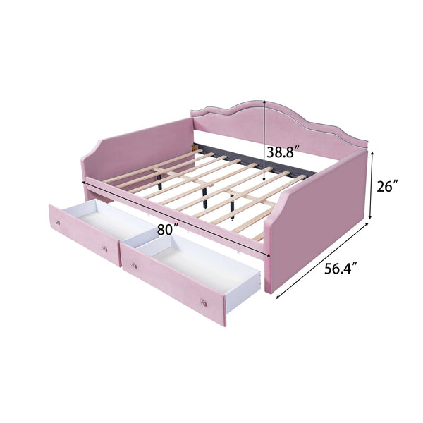 English Elm Full Size Upholstered Daybed With Led Lighting & 2 Storage Drawers, Stylish Pink Velvet Design N7500001852H