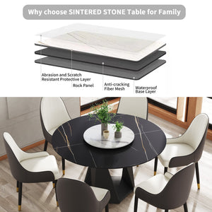 English Elm 53" Round Marble Dining Table With Lazy Susan, Black Iron Base, Seats 6 - Elegant & Durable Design W1535S00400