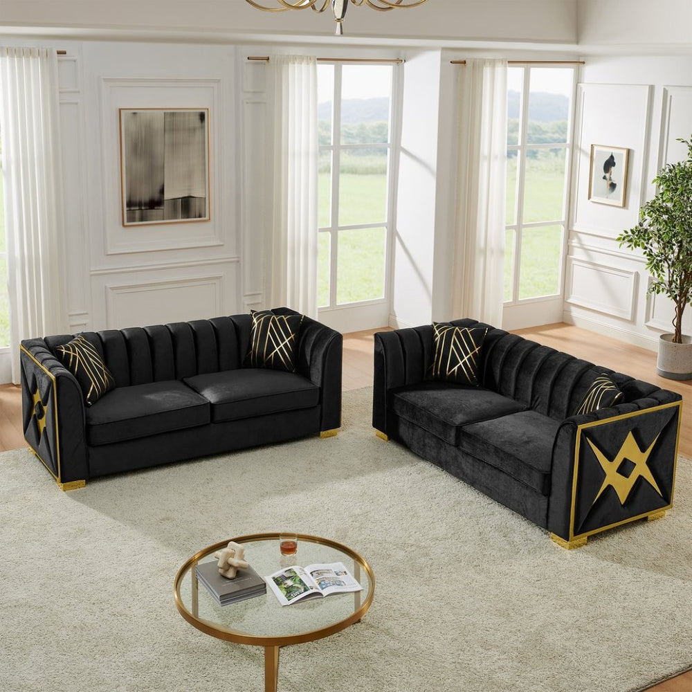 English Elm 81" Tufted Velvet Chesterfield Sofa with Gold Steel Legs for Elegant Living Rooms Black W1191S00072