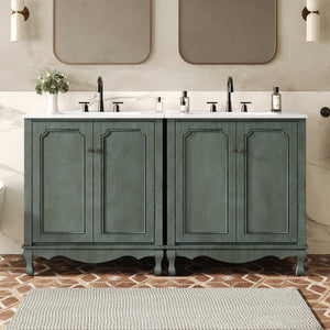 English Elm Christopher Knight Home® - 60" Retro Double Sink Bathroom Vanity Set with Soft-Close Doors, Adjustable Shelves, Rubberwood Legs Antique blue green,Teal N817P245317B