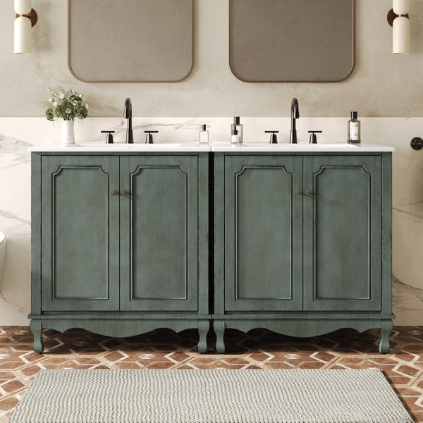 English Elm Christopher Knight Home® - 60" Retro Double Sink Bathroom Vanity Set with Soft-Close Doors, Adjustable Shelves, Rubberwood Legs Antique blue green,Teal N817P245317B