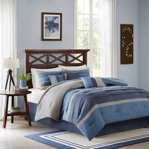 JLA Home Madison Park - 7 Madison Park Collins Microsuede Comforter Set – Plush Navy, Blue & Grey Pleated Design with Decorative Pillows 104 L x 92 W x 1.5H MP10-1637
