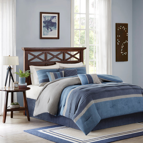 JLA Home Madison Park - 7 Madison Park Collins Microsuede Comforter Set – Plush Navy, Blue & Grey Pleated Design with Decorative Pillows 104 L x 92 W x 1.5H MP10-1637